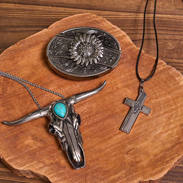 Conjunto de collar con colgante de cruz y cuchillo oculto con hebilla de cinturón y toro turquesa