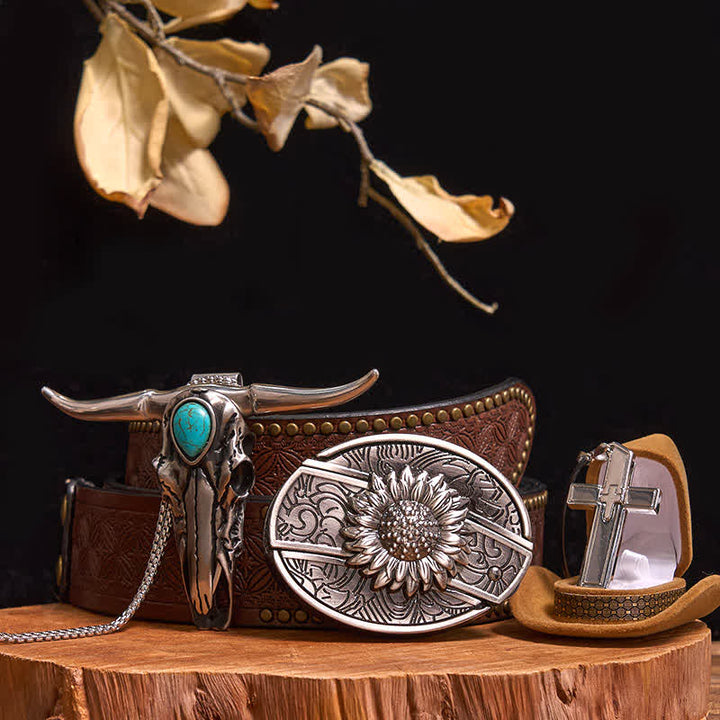 Conjunto de collar con colgante de cruz y cuchillo oculto con hebilla de cinturón y toro turquesa
