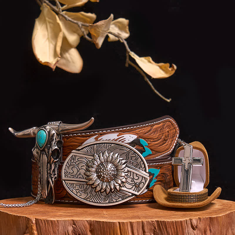 Conjunto de collar con colgante de cruz y cuchillo oculto con hebilla de cinturón y toro turquesa