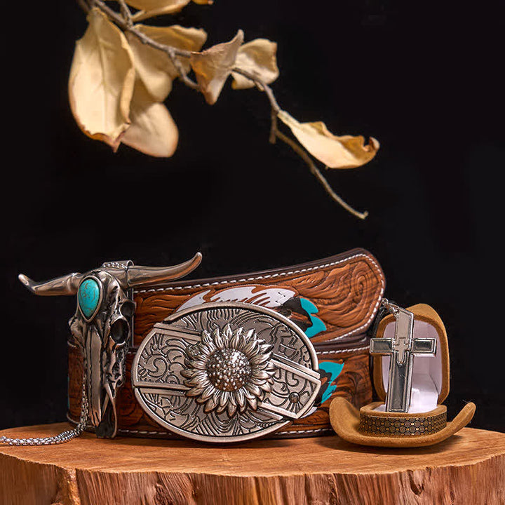 Conjunto de collar con colgante de cruz y cuchillo oculto con hebilla de cinturón y toro turquesa