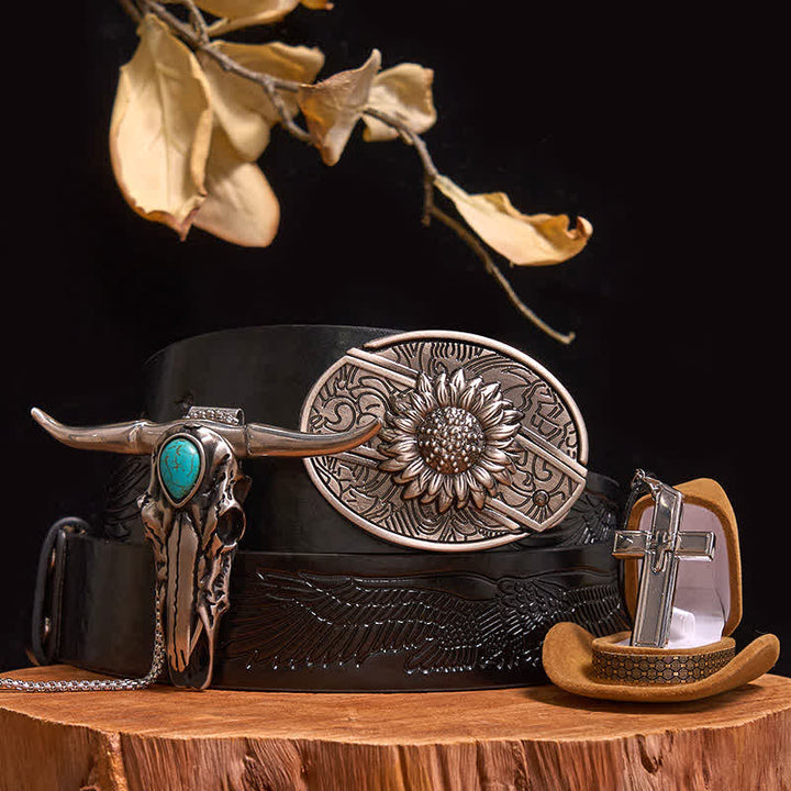 Conjunto de collar con colgante de cruz y cuchillo oculto con hebilla de cinturón y toro turquesa