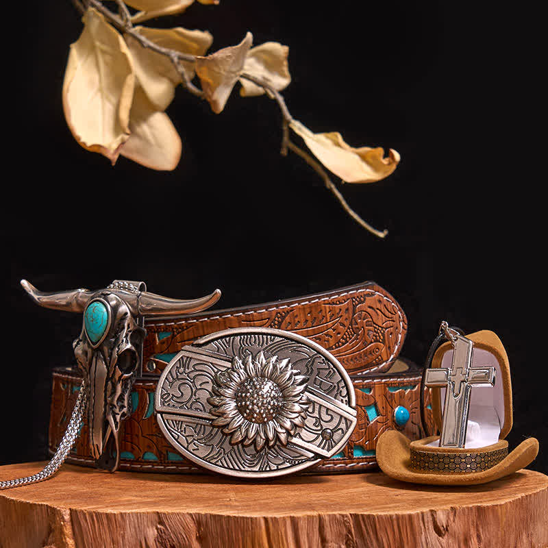 Conjunto de collar con colgante de toro turquesa y hebilla de cinturón con cuchillo oculto (preventa) - Girasol - Cinturón tallado en turquesa - 42 - image 8