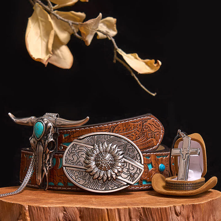 Conjunto de collar con colgante de toro turquesa y hebilla de cinturón con cuchillo oculto (preventa) - Girasol - Cinturón tallado en turquesa - 42 - image 8