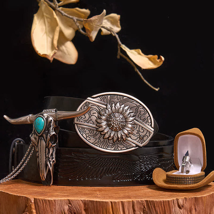 Hebilla de cinturón con cuchillo oculto, colgante de toro turquesa, juego de anilla para cuchillo (preventa) - Girasol - Cinturón de águila negra en relieve - 40 - image 0