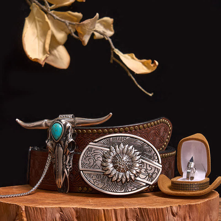 Hebilla de cinturón con cuchillo oculto, colgante de toro turquesa, juego de anillos para cuchillos