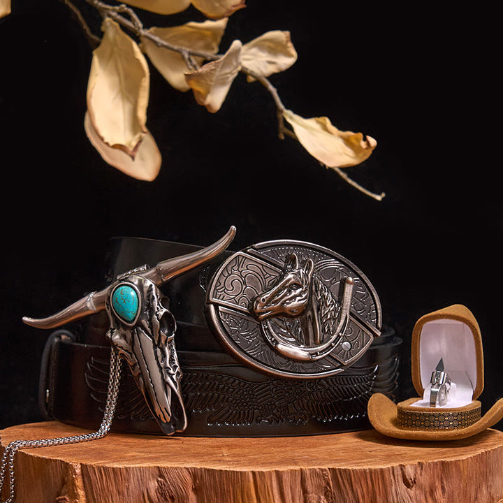 Hebilla de cinturón con cuchillo oculto, colgante de toro turquesa, juego de anilla para cuchillo (preventa) - Cabeza de caballo - Cinturón de águila negra en relieve - 40 - image 12
