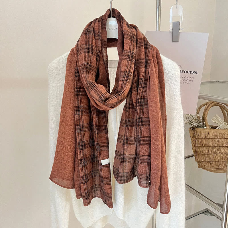 Bufanda fina de cuadros con empalmes de lino suave para primavera