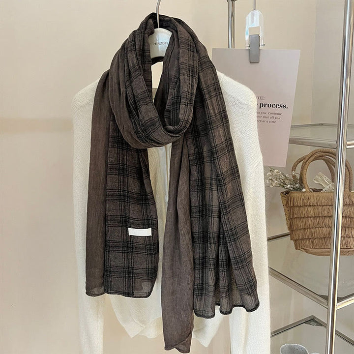 Bufanda fina de cuadros con empalmes de lino suave para primavera