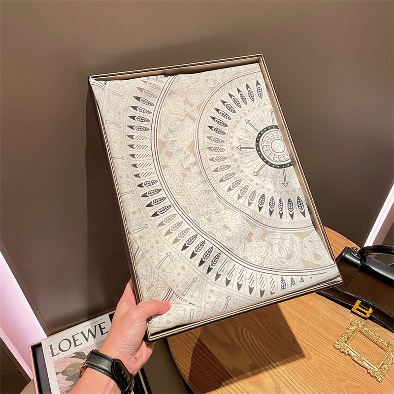 Bufanda fina de algodón y lino con estampado artístico étnico blanco