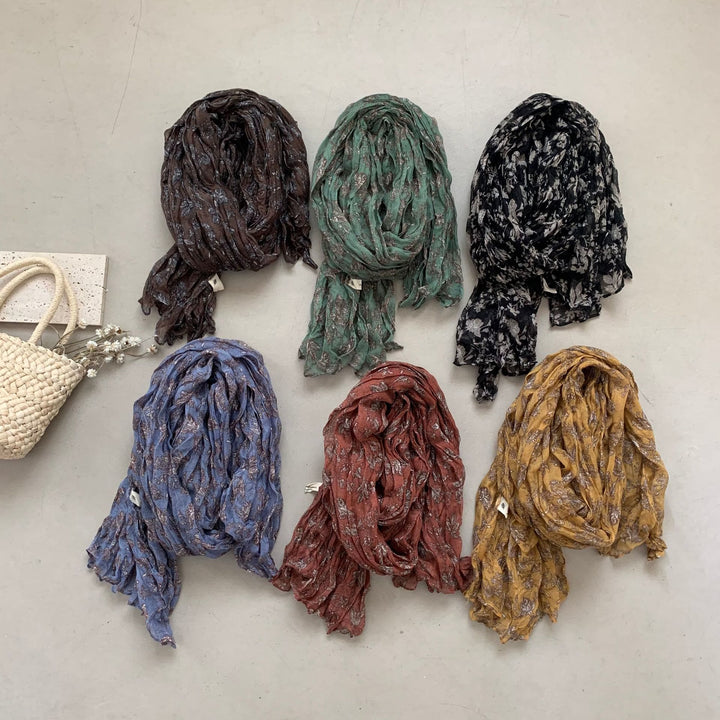 Bufanda fina de lino y algodón con estampado plisado vintage