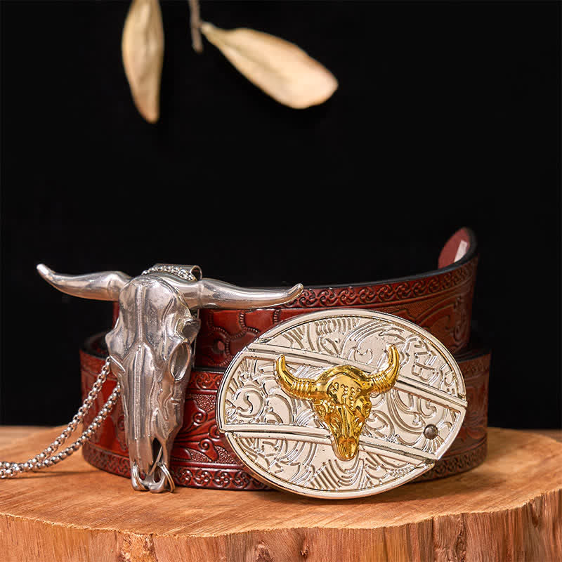 Conjunto de colgante de toro de cuernos largos con hebilla de cinturón con cuchillo oculto de oro y plata