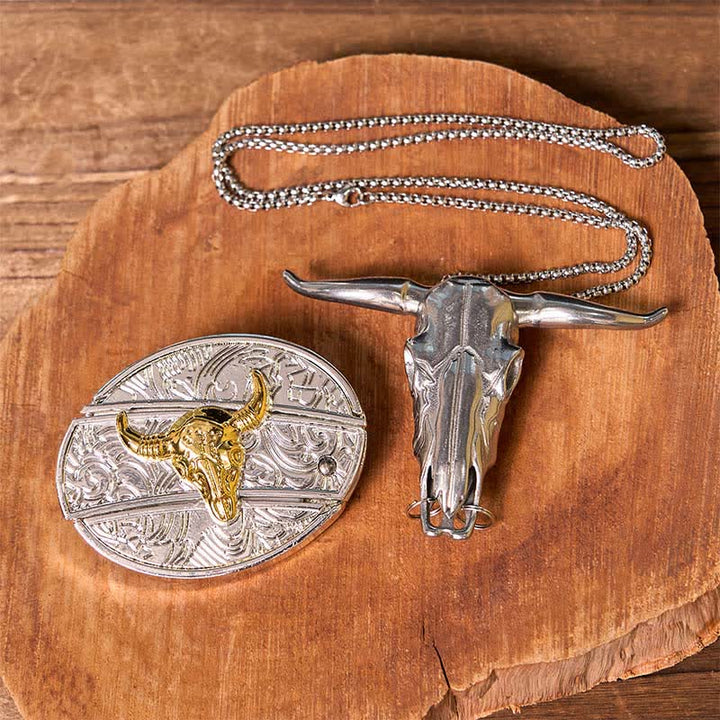 Conjunto de colgante de toro de cuernos largos con hebilla de cinturón con cuchillo oculto de oro y plata