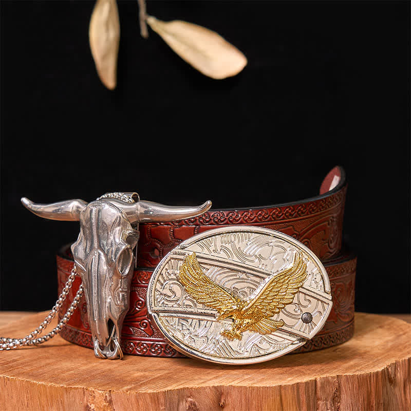 Conjunto de colgante de toro de cuernos largos con hebilla de cinturón con cuchillo oculto de oro y plata
