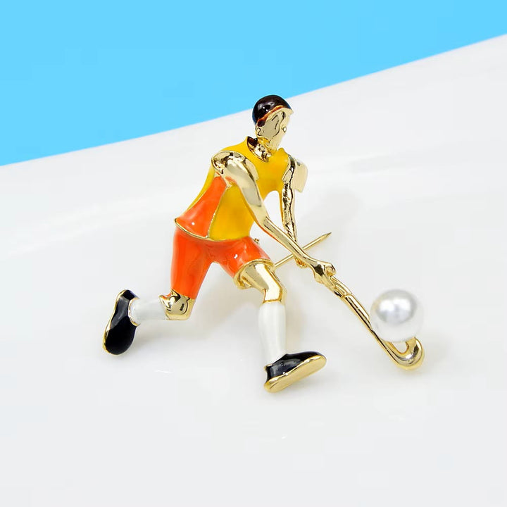 Broche de jugador de hockey sobre hielo de dibujos animados, accesorios para camisas doradas