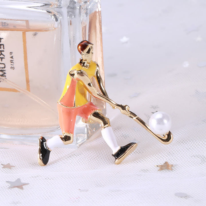 Broche de jugador de hockey sobre hielo de dibujos animados, accesorios para camisas doradas
