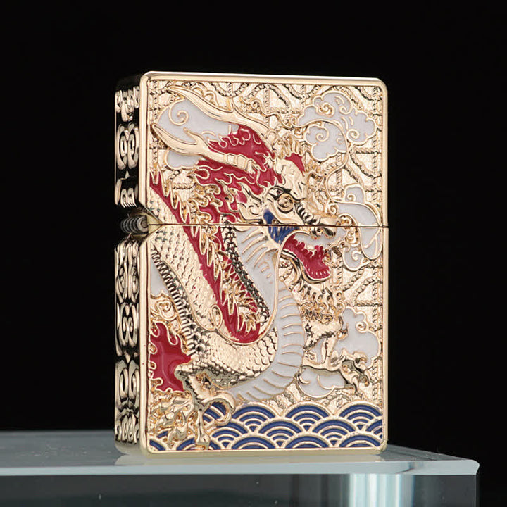 Encendedor de queroseno recargable de dos lados con diseño de dragón en relieve
