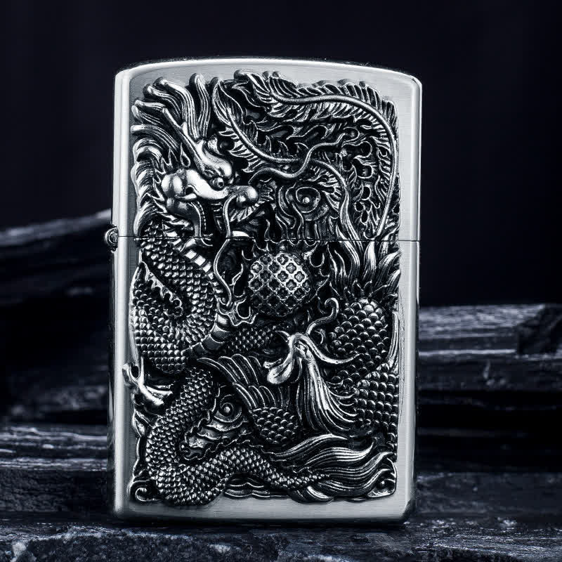 Encendedor de quesoseno recargable con estampado en relieve de dragón y fénix