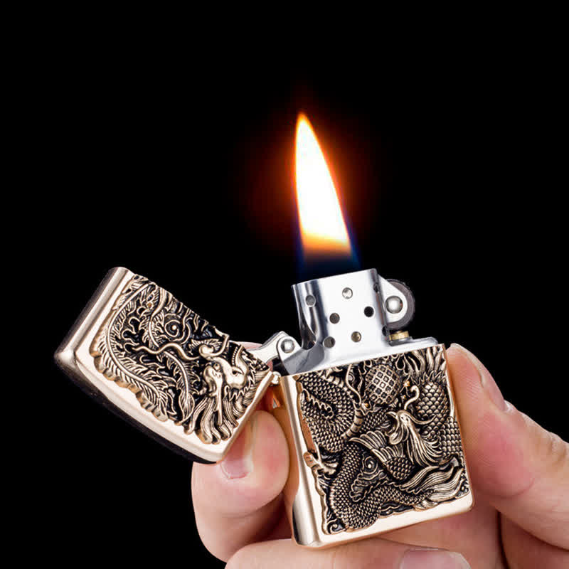 Encendedor de quesoseno recargable con estampado en relieve de dragón y fénix