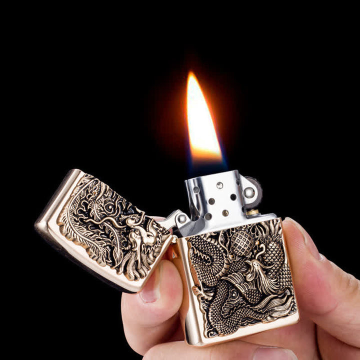 Encendedor de quesoseno recargable con estampado en relieve de dragón y fénix