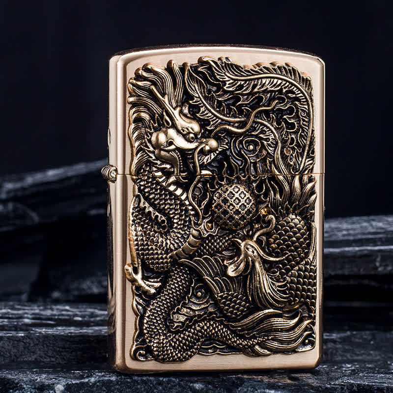 Encendedor de quesoseno recargable con estampado en relieve de dragón y fénix