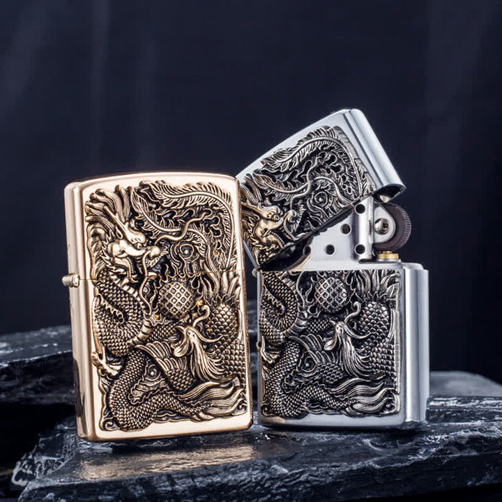 Encendedor de quesoseno recargable con estampado en relieve de dragón y fénix
