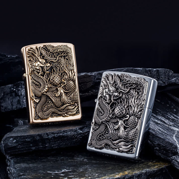 Encendedor de quesoseno recargable con estampado en relieve de dragón y fénix