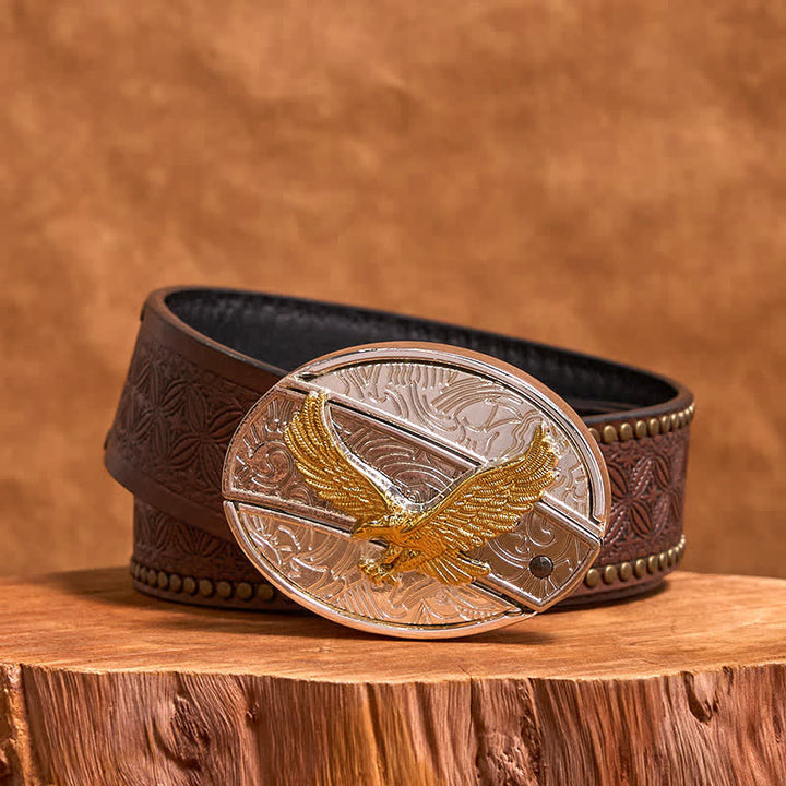 Cinturón de cuero con cuchillo plegable oculto de águila dorada y plateada para hombre