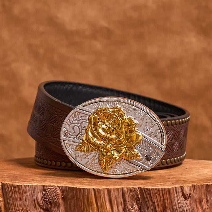 Cinturón de cuero con navaja plegable oculta para hombre, hecho a mano, en oro y plata (Preventa)