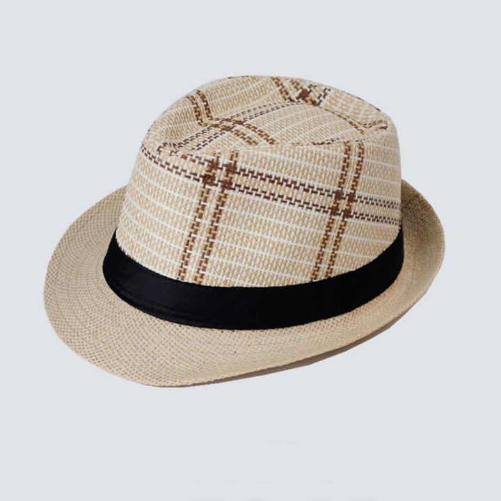Sombrero Fedora de paja con estampado a cuadros estilo bohemio para hombre