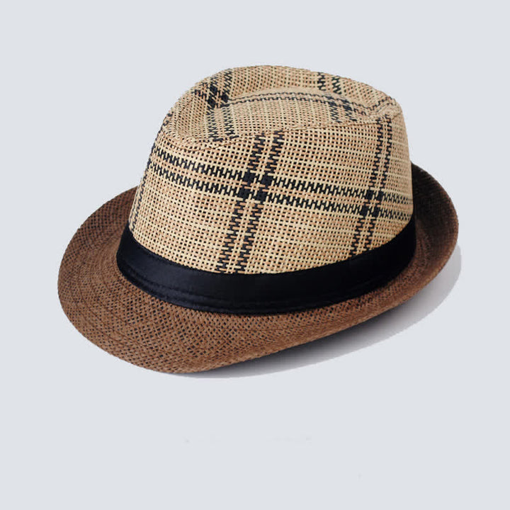 Sombrero Fedora de paja con estampado a cuadros estilo bohemio para hombre