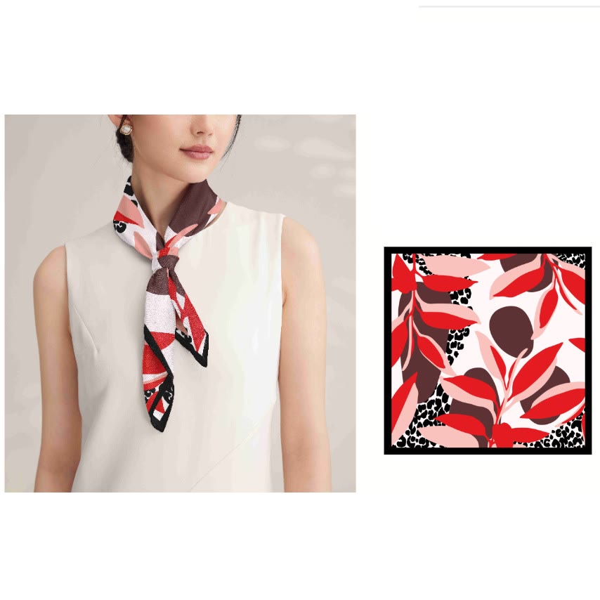 Bufanda fina de seda con estampado de hojas rojas para mujer