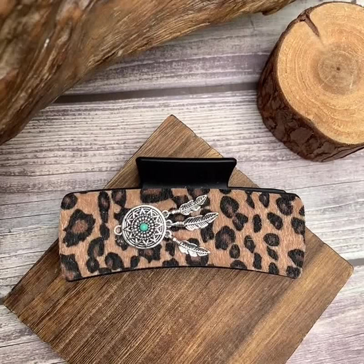 Pinza para el pelo con estampado de leopardo y decoración turquesa india para mujer