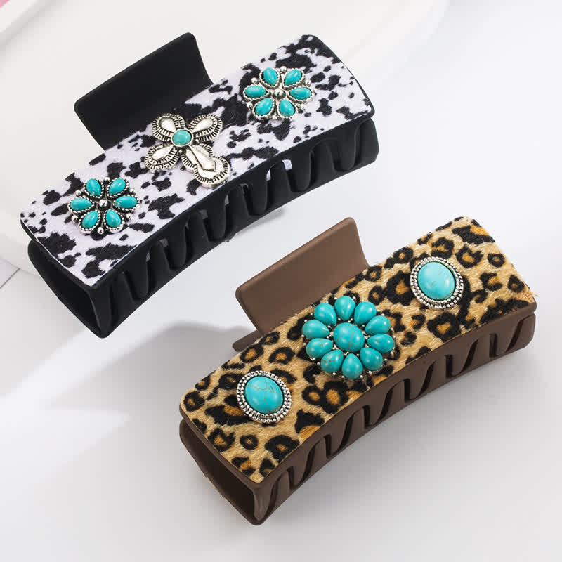 Pinza para el pelo con estampado de vaca lechera y leopardo turquesa para mujer