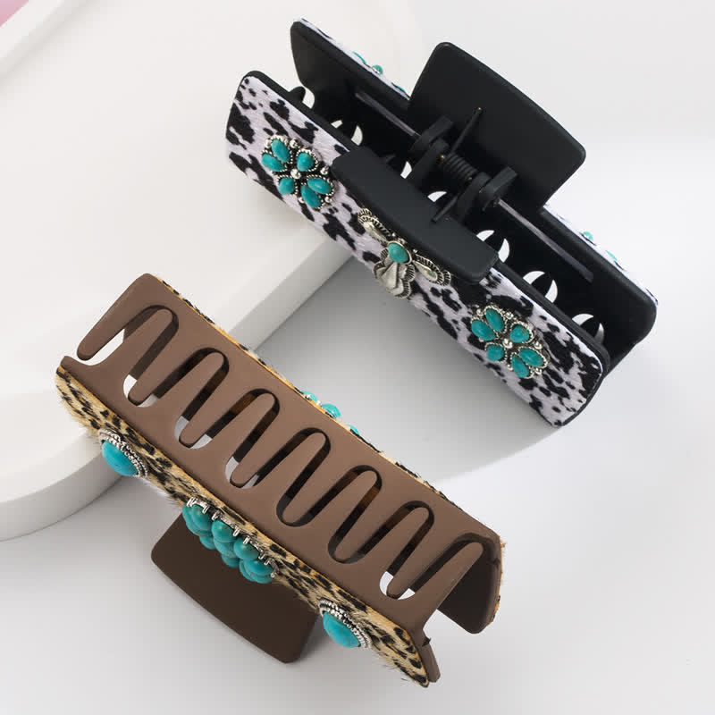 Pinza para el pelo con estampado de vaca lechera y leopardo turquesa para mujer