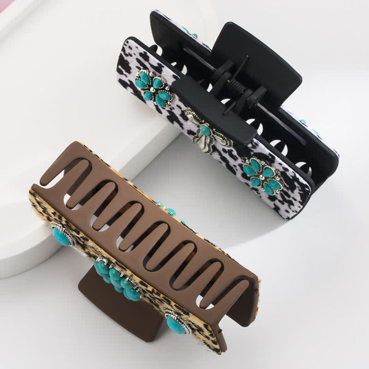 Pinza para el pelo con estampado de vaca lechera y leopardo turquesa para mujer