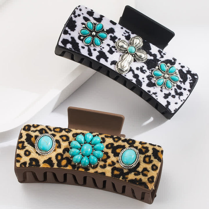 Pinza para el pelo con estampado de vaca lechera y leopardo turquesa para mujer