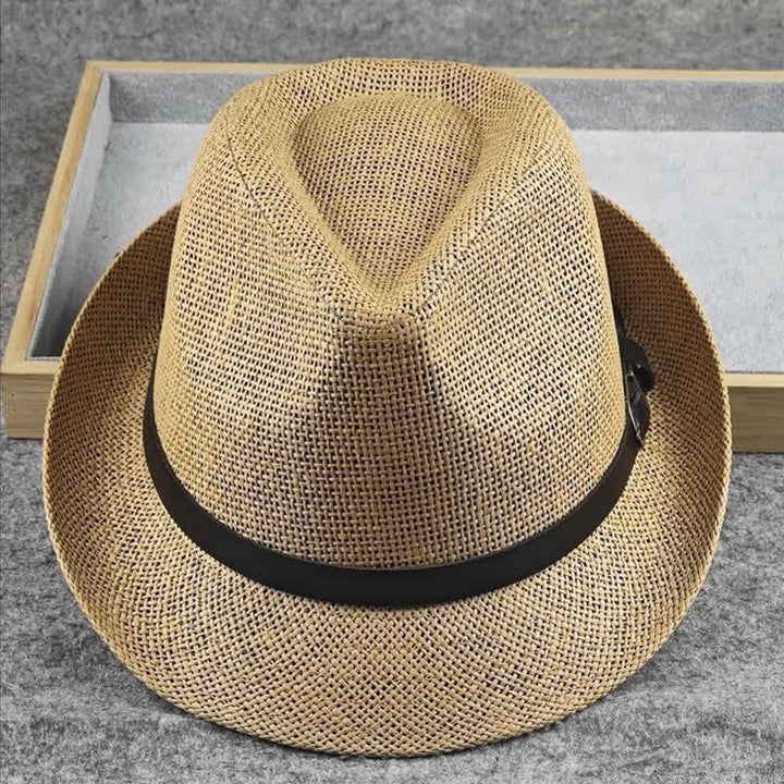 Sombrero Fedora de paja de verano con estampado de pata de gallo y cuadros escoceses británicos para hombre