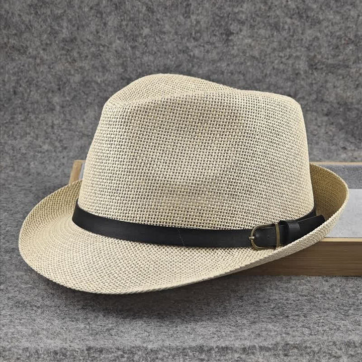 Sombrero Fedora de paja de verano con estampado de pata de gallo y cuadros escoceses británicos para hombre