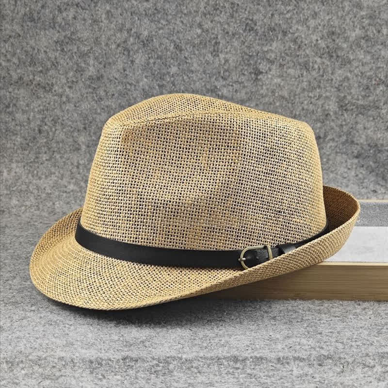 Sombrero Fedora de paja de verano con estampado de pata de gallo y cuadros escoceses británicos para hombre
