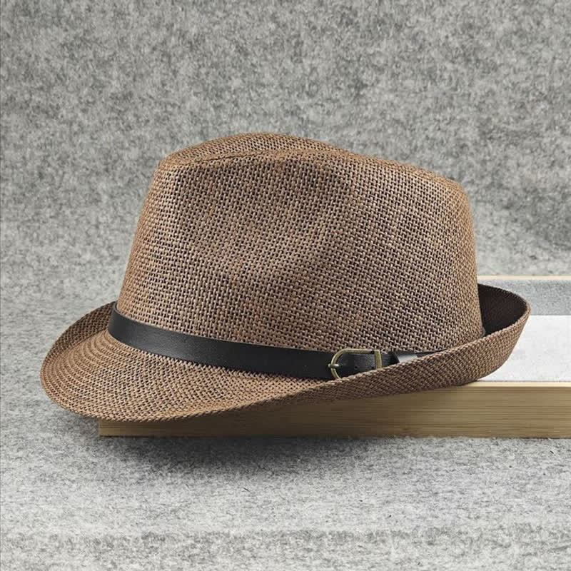 Sombrero Fedora de paja de verano con estampado de pata de gallo y cuadros escoceses británicos para hombre