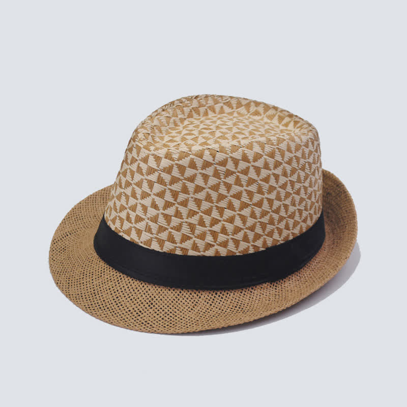 Sombrero fedora de paja para playa con estampado de cuadros clásicos para hombre