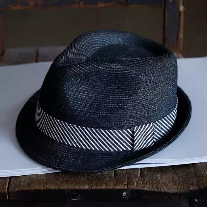 Sombrero Fedora de paja playero con cinta a rayas elegante para hombre