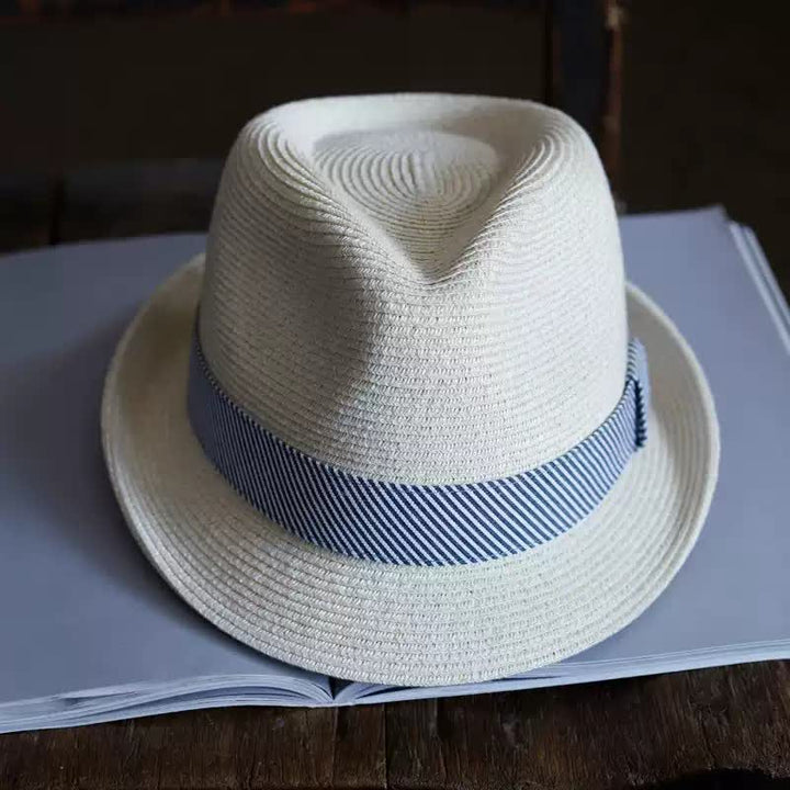 Sombrero Fedora de paja playero con cinta a rayas elegante para hombre