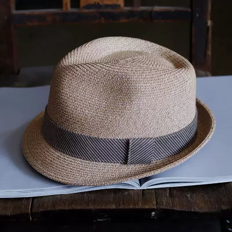 Sombrero Fedora de paja playero con cinta a rayas elegante para hombre