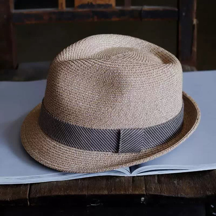 Sombrero Fedora de paja playero con cinta a rayas elegante para hombre