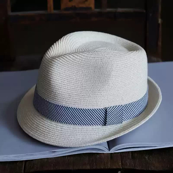 Sombrero Fedora de paja playero con cinta a rayas elegante para hombre