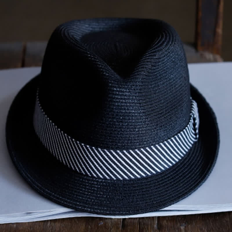 Sombrero Fedora de paja playero con cinta a rayas elegante para hombre