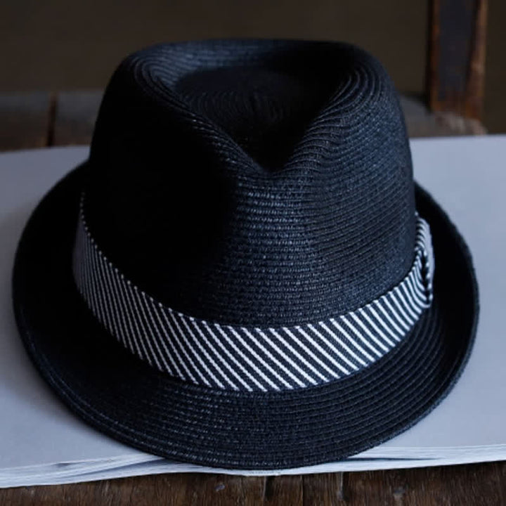 Sombrero Fedora de paja playero con cinta a rayas elegante para hombre