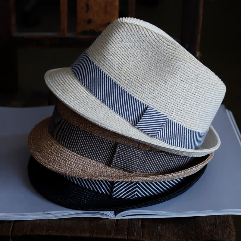 Sombrero Fedora de paja playero con cinta a rayas elegante para hombre