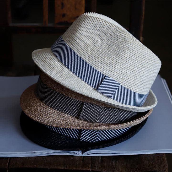 Sombrero Fedora de paja playero con cinta a rayas elegante para hombre